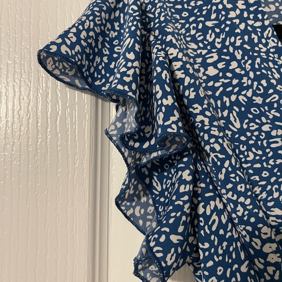 Blue and White Allover Print Surplice Front Belted Dress - Picture 3 of 5